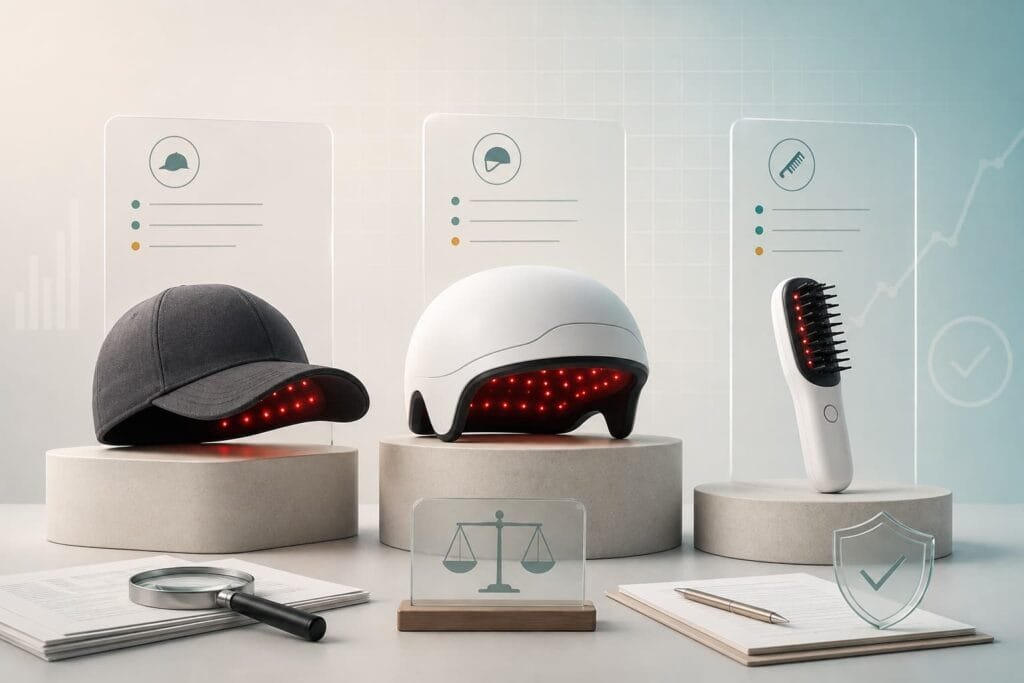 Generic hair-growth cap, helmet and comb displayed with comparison documents, a balance symbol and a warranty shield