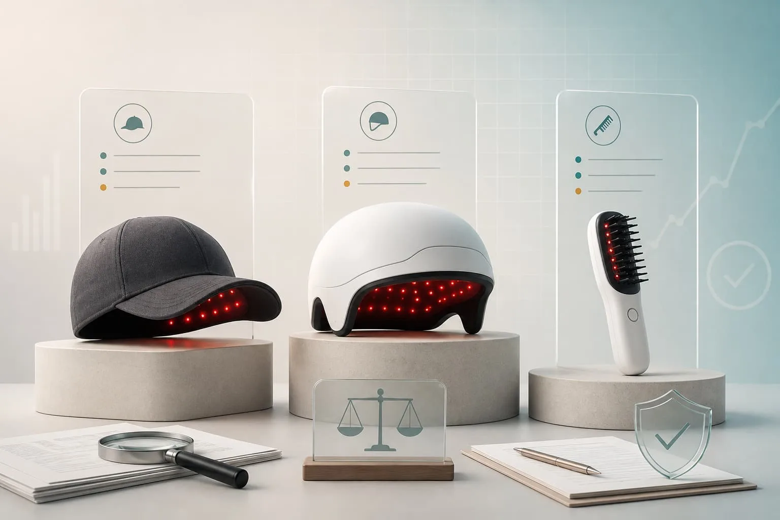 Generic hair-growth cap, helmet and comb displayed with comparison documents, a balance symbol and a warranty shield