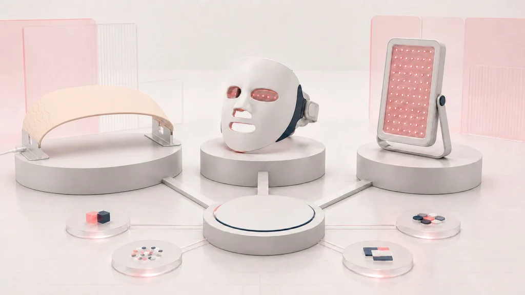 Reference-guided rendering of a Wakelife G240 flexible LED platform beside generic LED face mask and panel concepts on equal pedestals