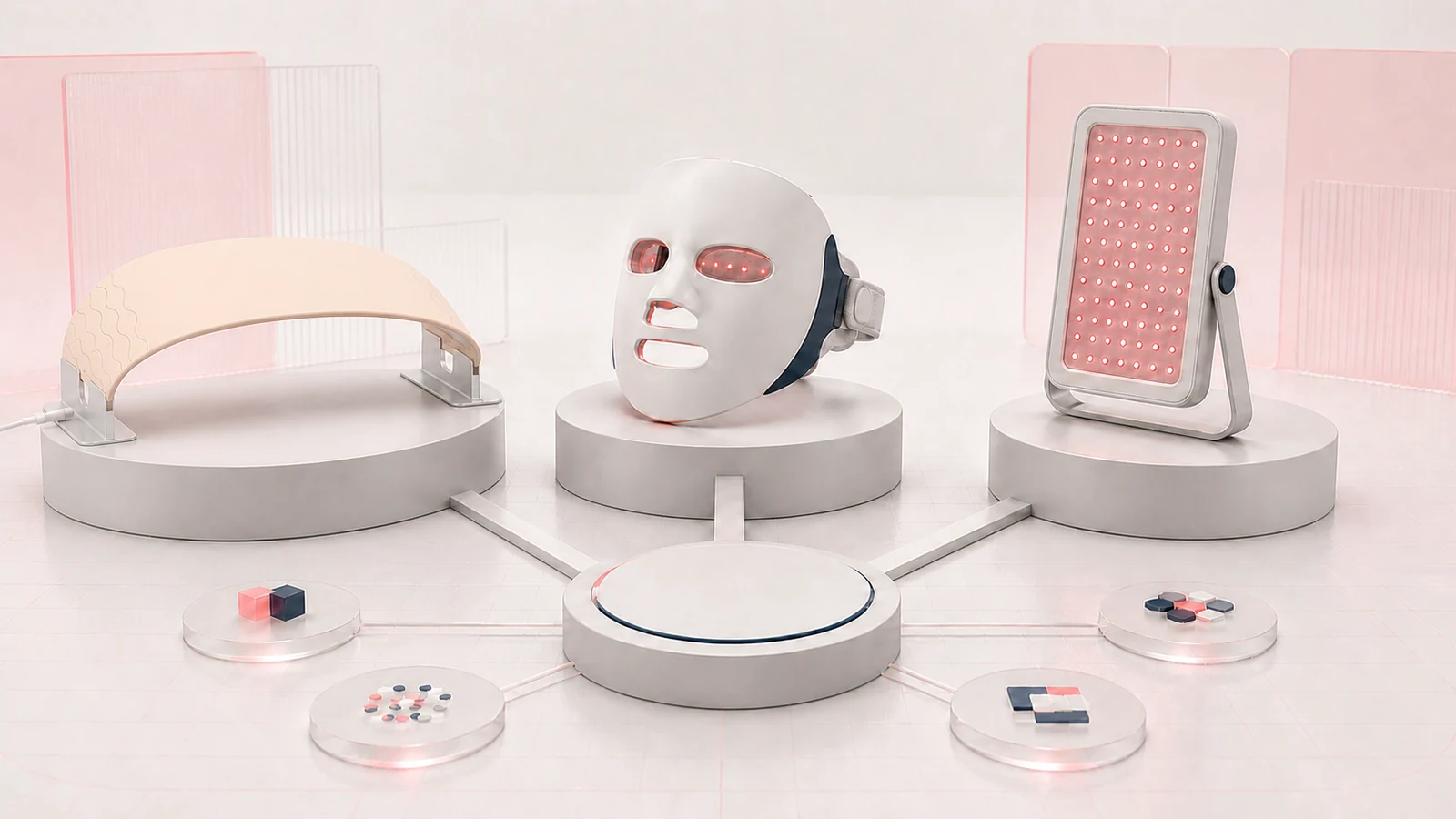 Reference-guided rendering of a Wakelife G240 flexible LED platform beside generic LED face mask and panel concepts on equal pedestals