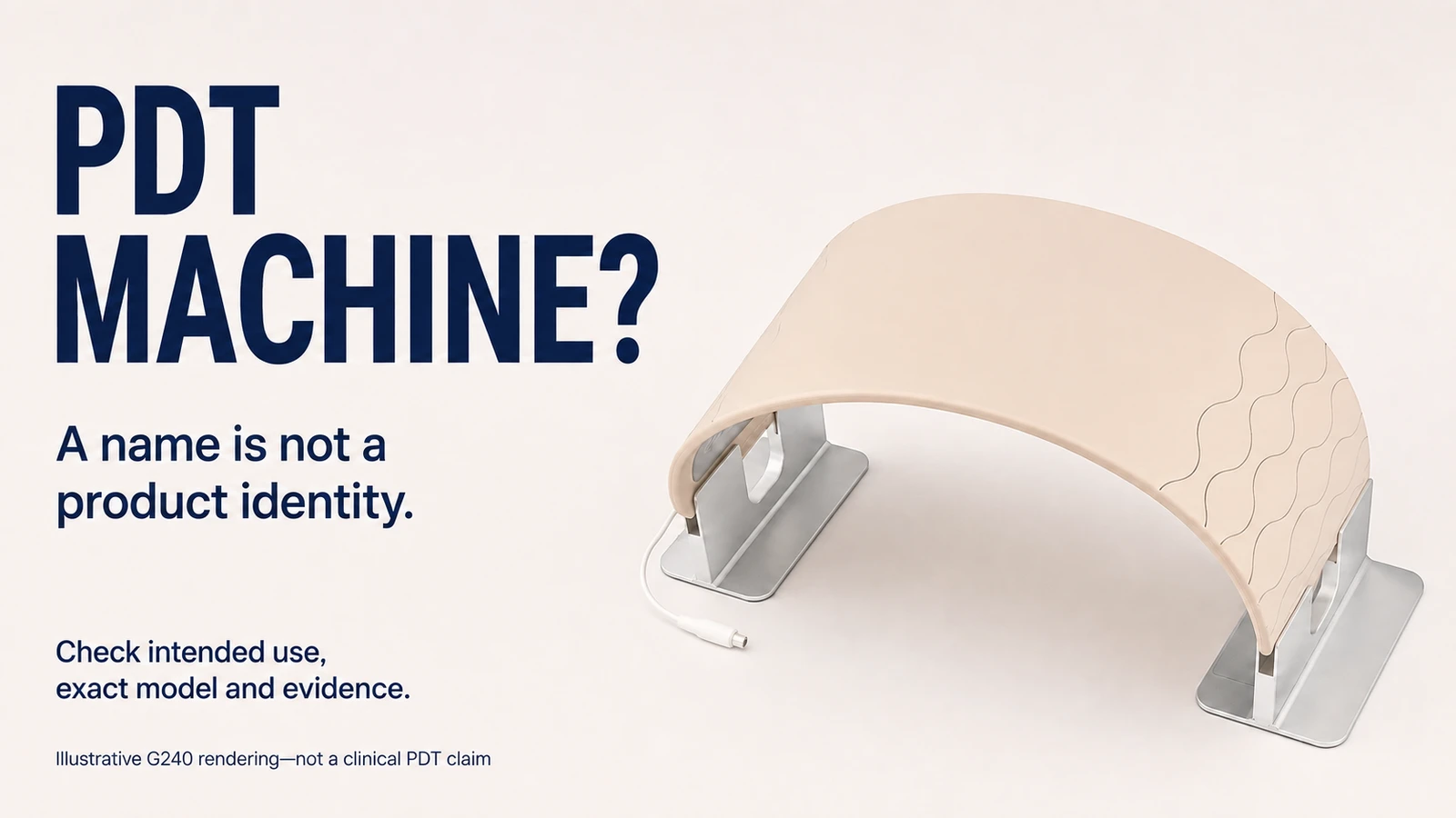 Reference-guided illustration of an unpowered G240 with a reminder that a PDT machine name does not establish product identity