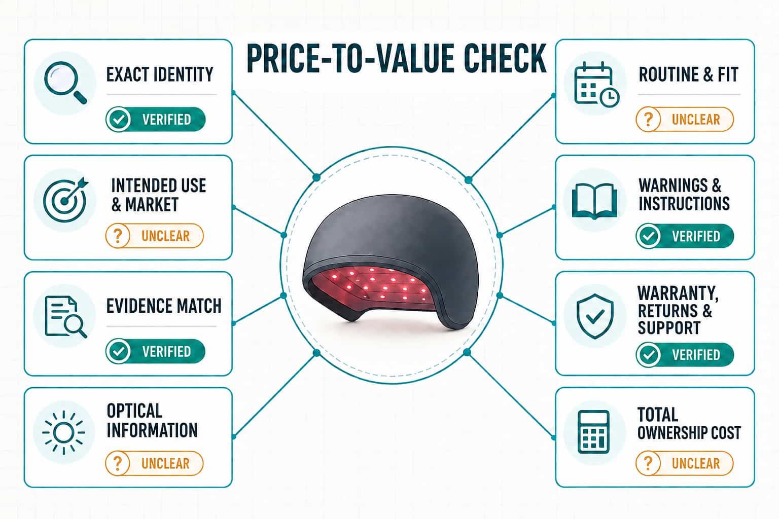 Eight-field Price-to-Value Check for exact identity; intended use and market; evidence match; optical information; routine and fit; warnings and instructions; warranty, returns and support; and total ownership cost