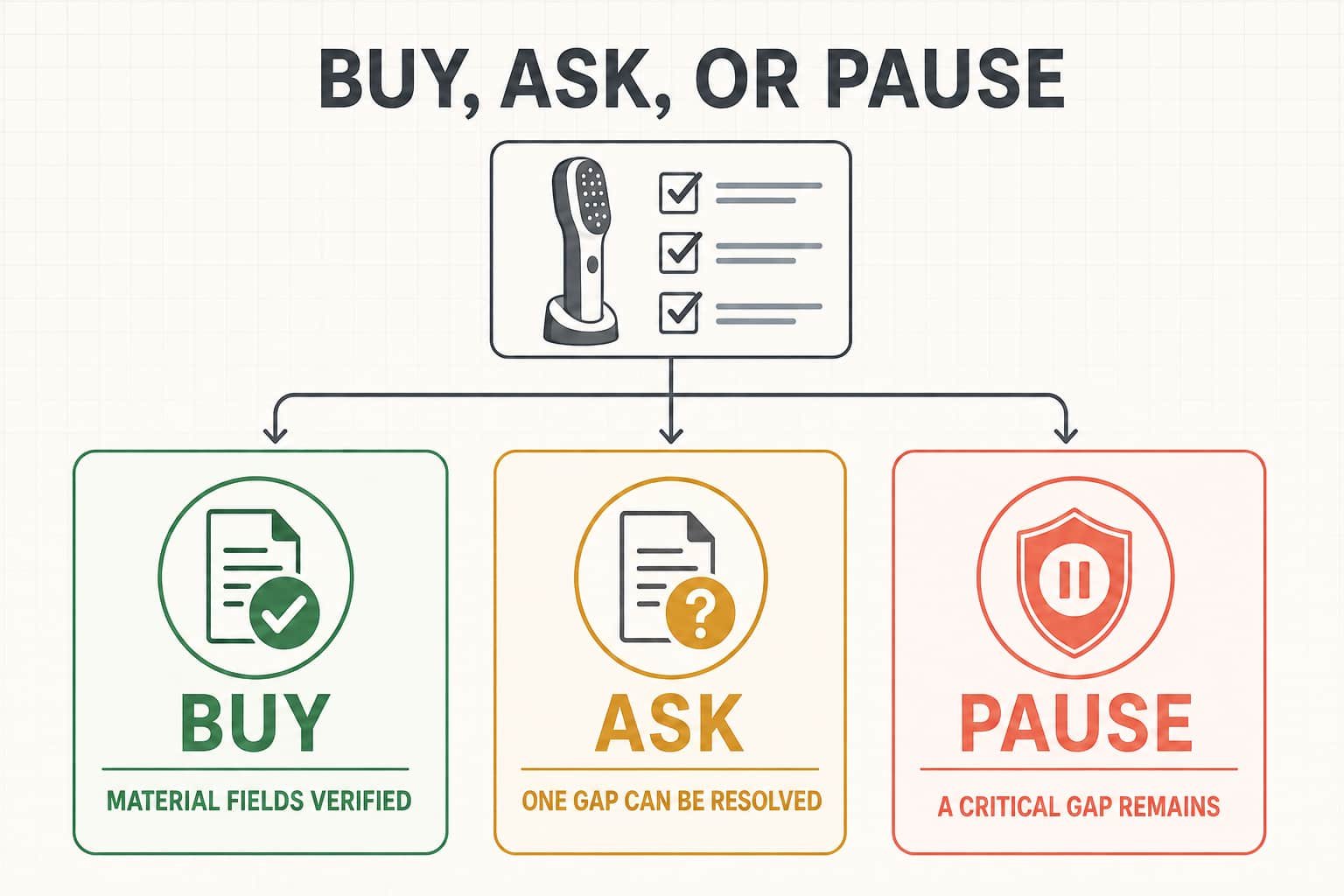 Buy, Ask or Pause decision paths after comparing material information for a hair-growth device