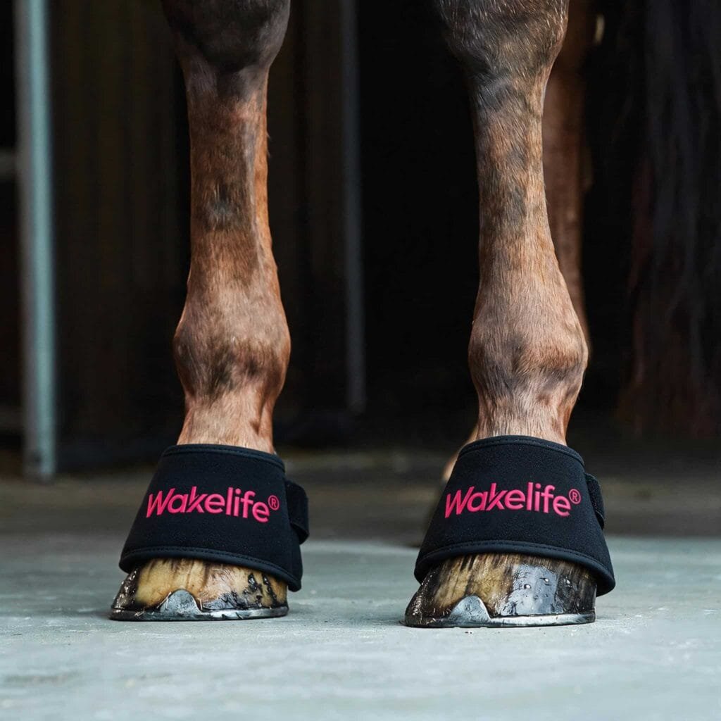 Close-up of horse wearing Wakelife D01 hoof light care wraps in a stable