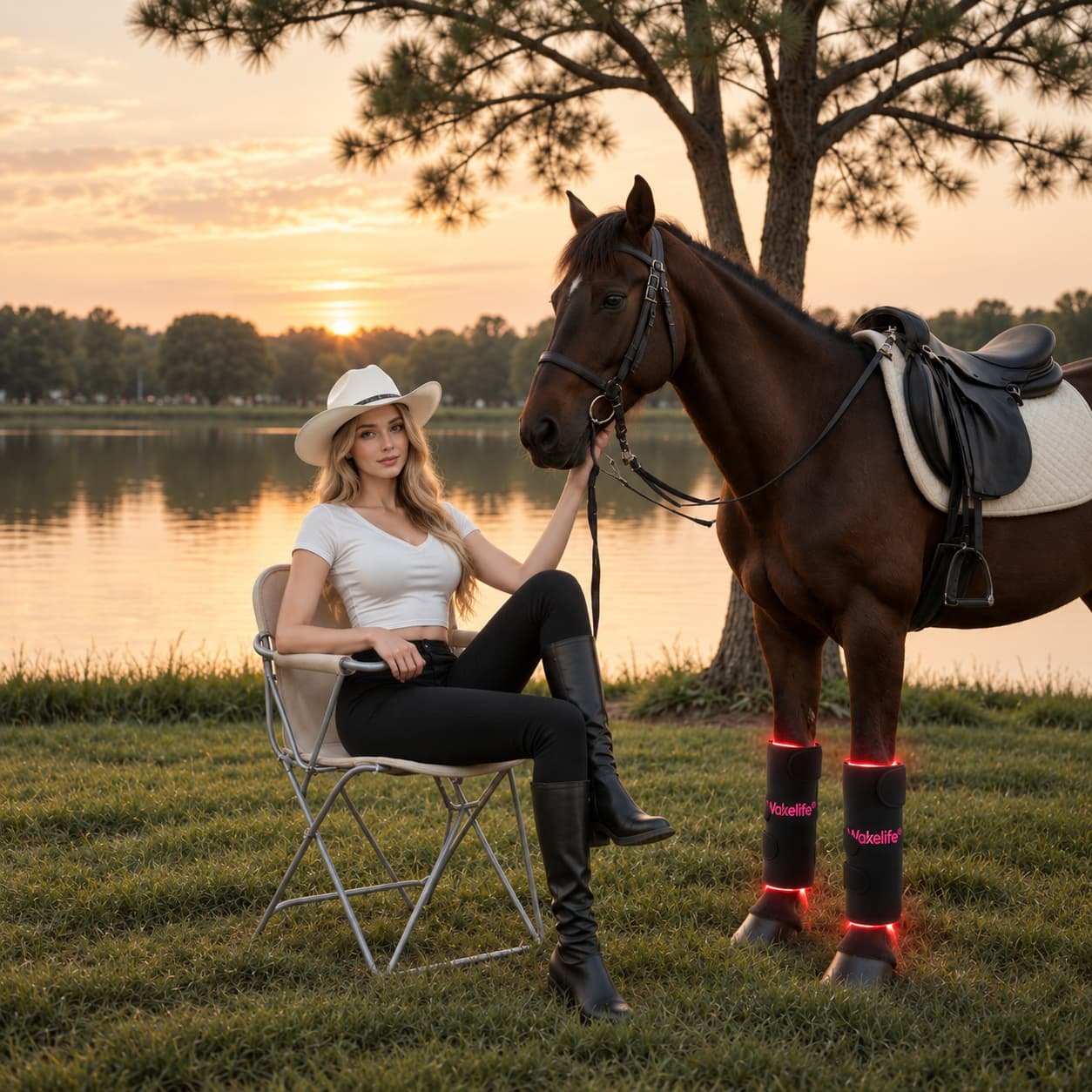 Horse wearing Wakelife D03 equine leg light care wraps outdoors