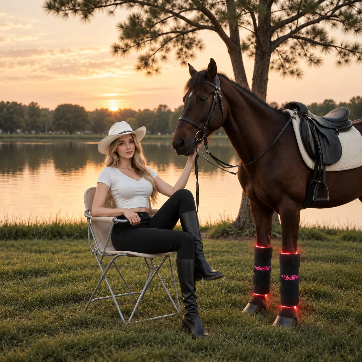 Horse wearing Wakelife D03 equine leg light care wraps outdoors