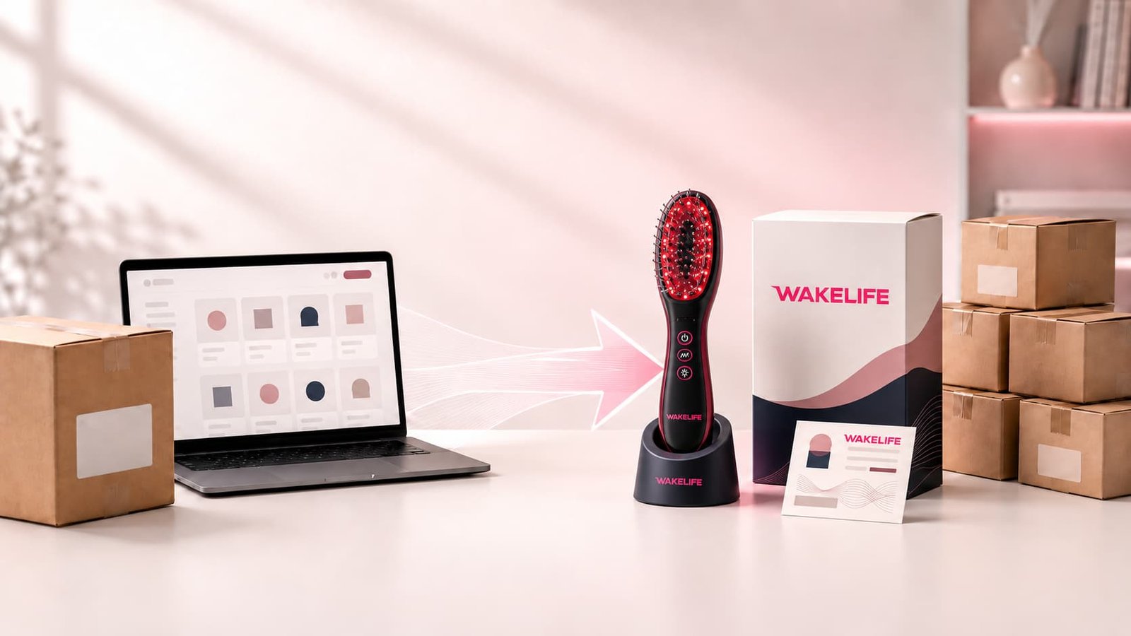 Generic ecommerce transition scene moving from dropshipping storefront and plain parcels to a private-label scalp-device sample, packaging and inventory