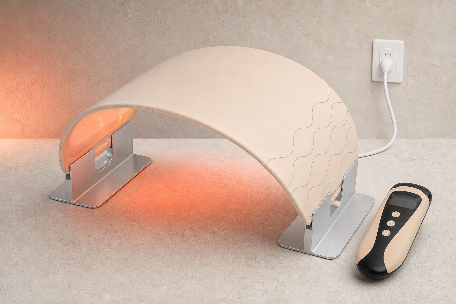 G240 flexible LED light therapy platform powered from a wall outlet beside its wireless handheld controller