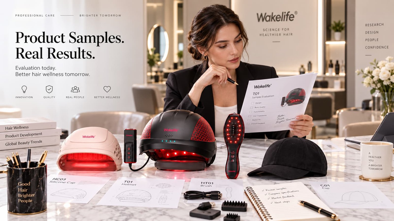Buyer evaluating Wakelife hair growth device samples with product specifications and documents
