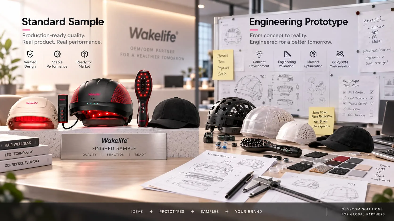 Comparison between Wakelife standard hair growth device samples and engineering prototypes for OEM development