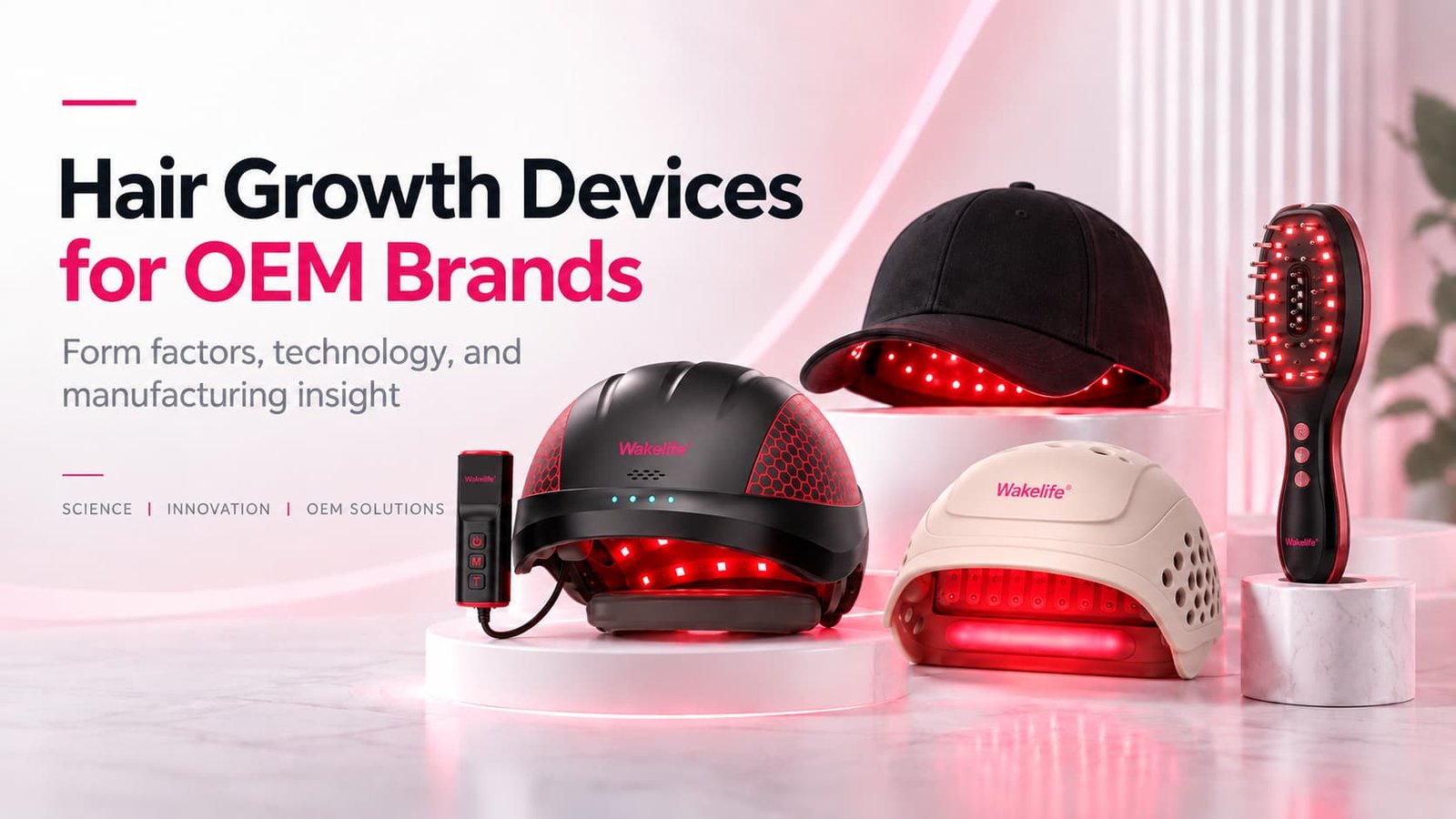 Hair growth devices for OEM brands including helmet, cap, silicone cap, and LED comb solutions