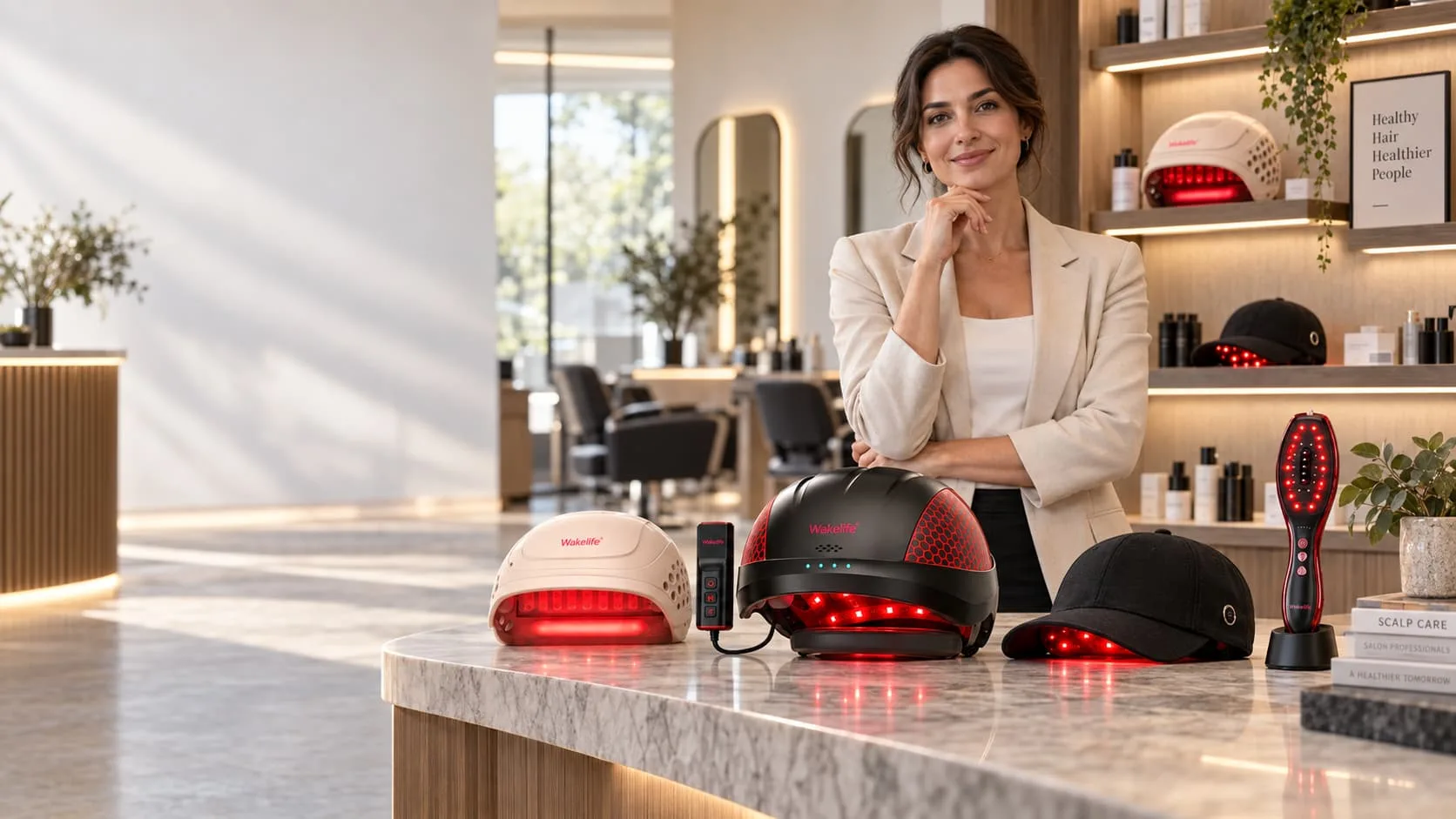 Wakelife hair growth devices displayed in a modern salon, including a hair growth helmet, silicone cap, scalp care brush, and hair growth cap
