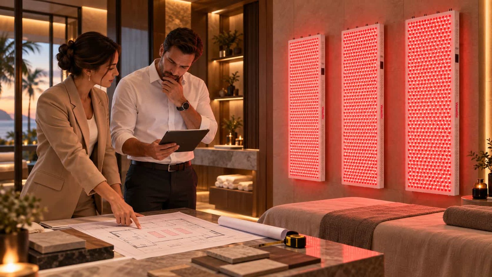 Hotel wellness room planning with red light therapy panel installation layout review