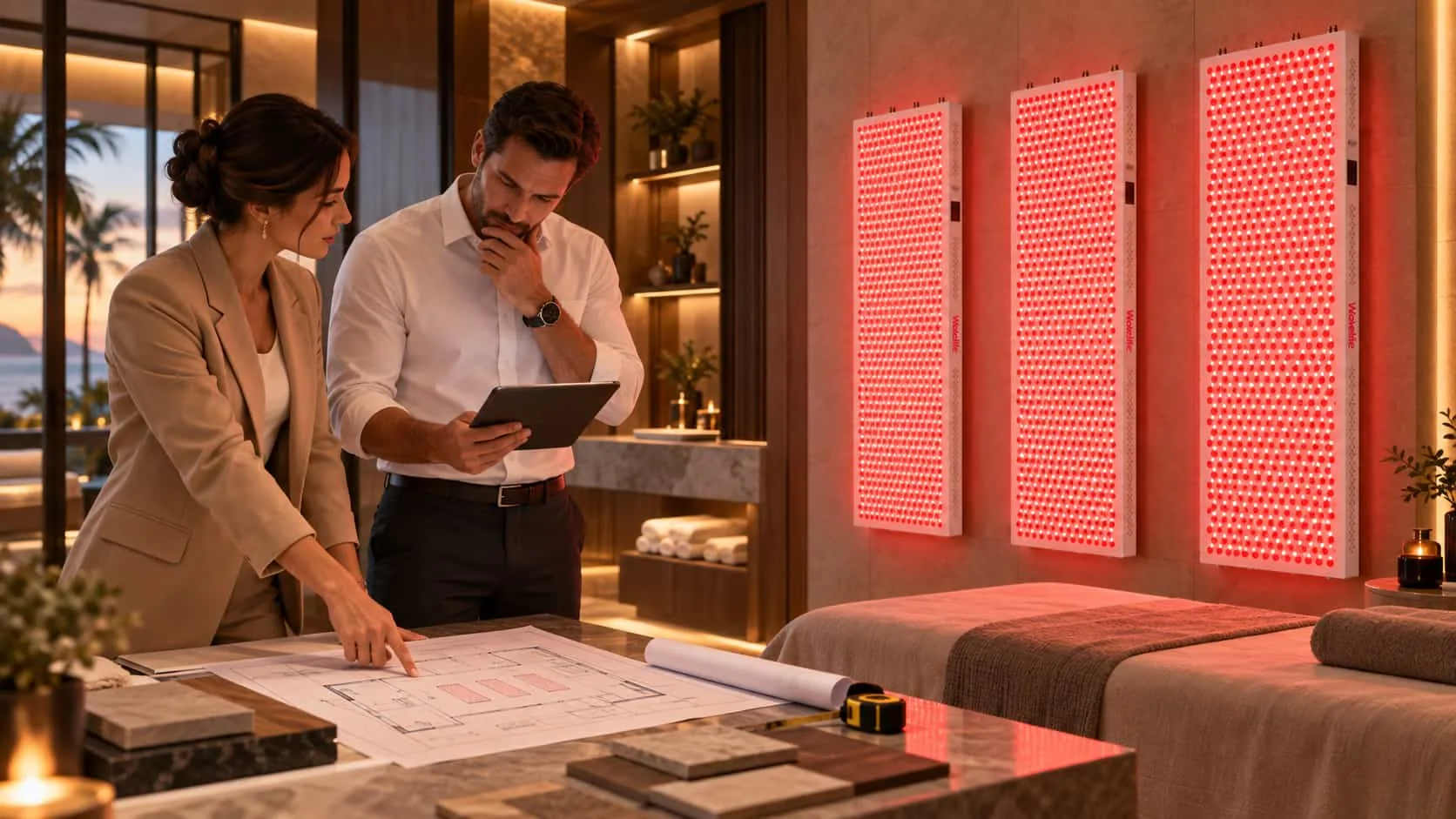 Hotel wellness room planning with red light therapy panel installation layout review