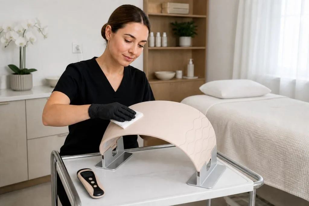 Salon professional wiping a flexible LED light therapy device between appointments with its wireless controller set aside