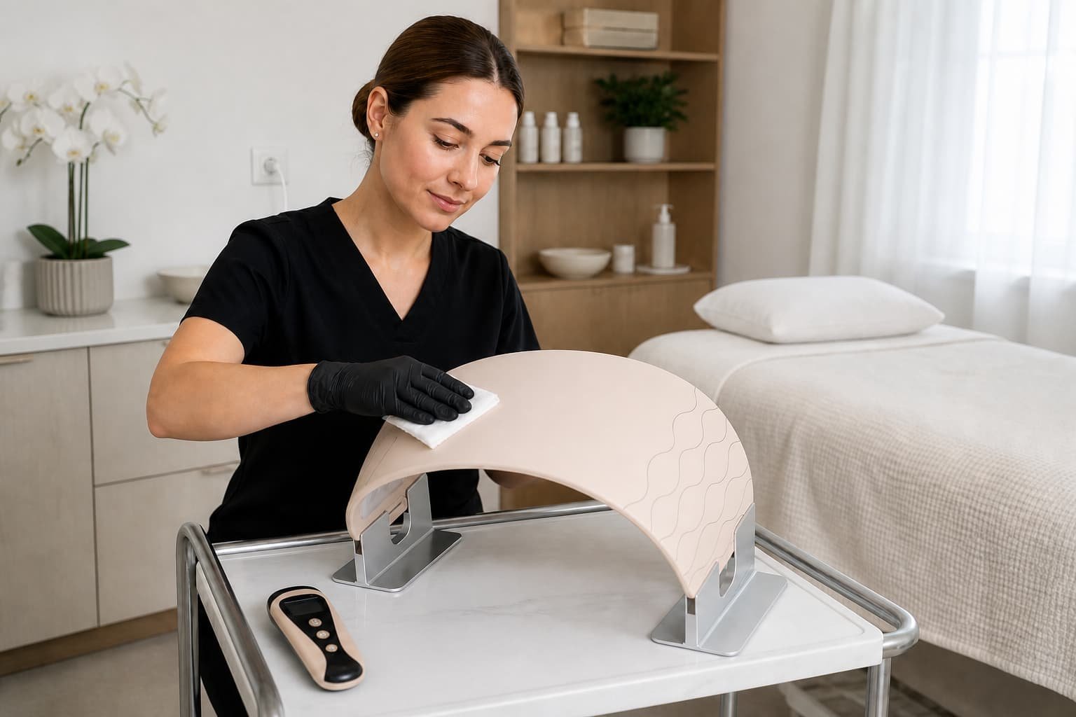Salon professional wiping a flexible LED light therapy device between appointments with its wireless controller set aside