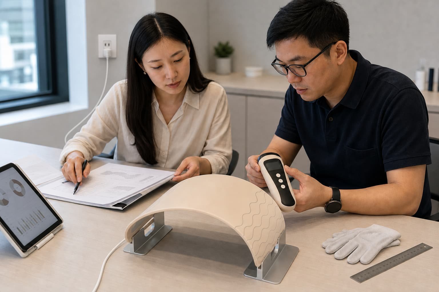 Product and quality team reviewing a flexible LED light therapy sample, wireless controller, and technical documents before an order