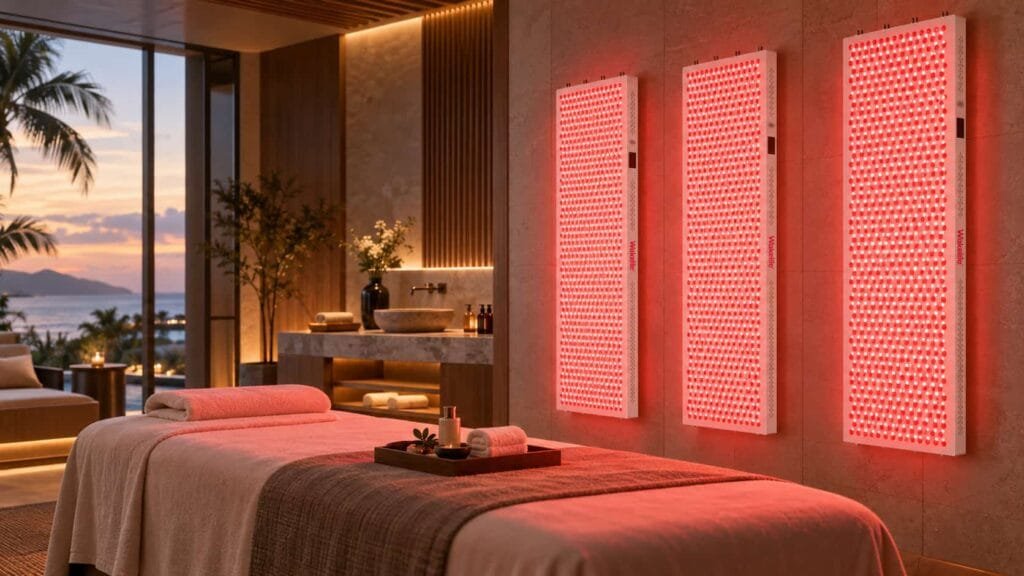 Luxury hotel red light therapy room featuring Wakelife ESPLUS4500 commercial red light therapy panels