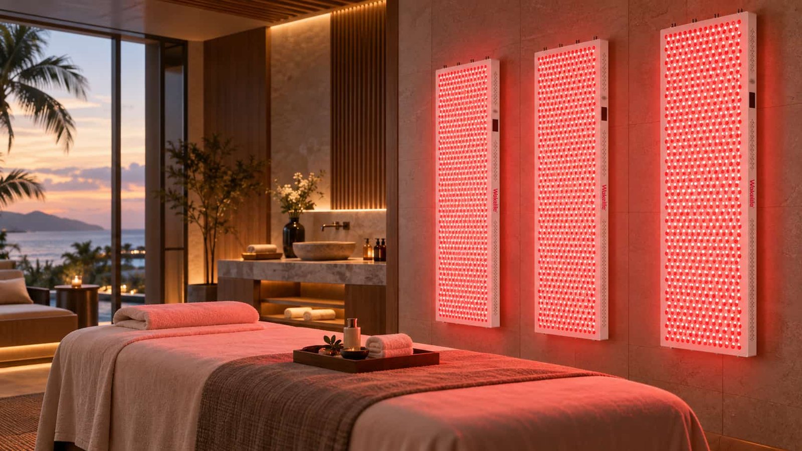 Luxury hotel red light therapy room featuring Wakelife ESPLUS4500 commercial red light therapy panels
