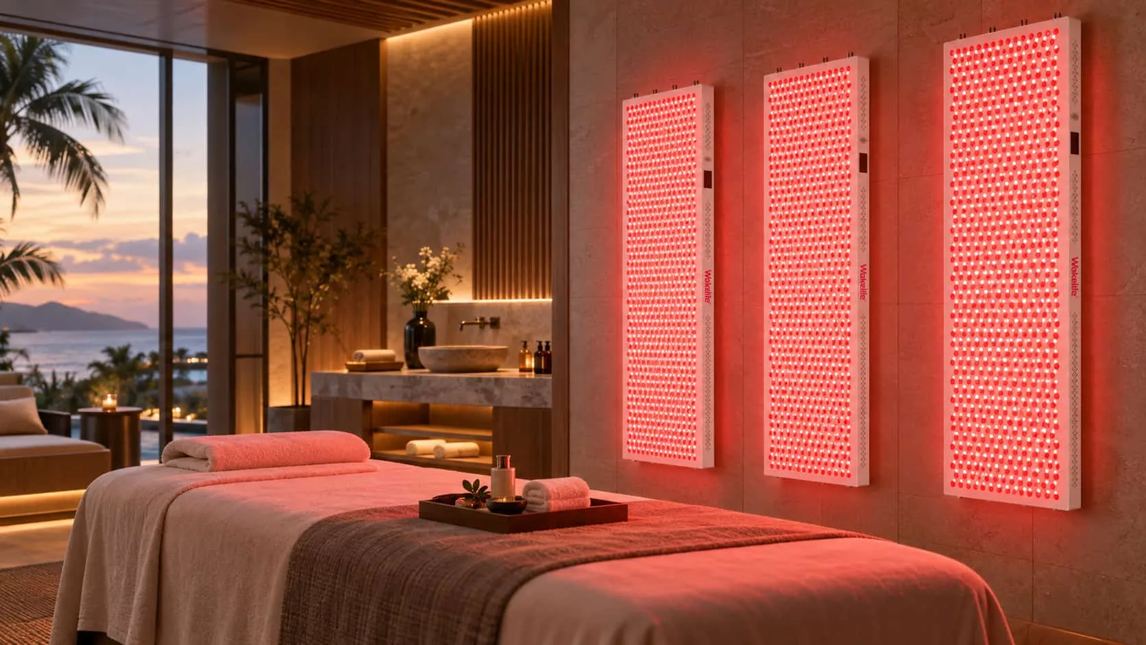 Luxury hotel red light therapy room featuring Wakelife ESPLUS4500 commercial red light therapy panels