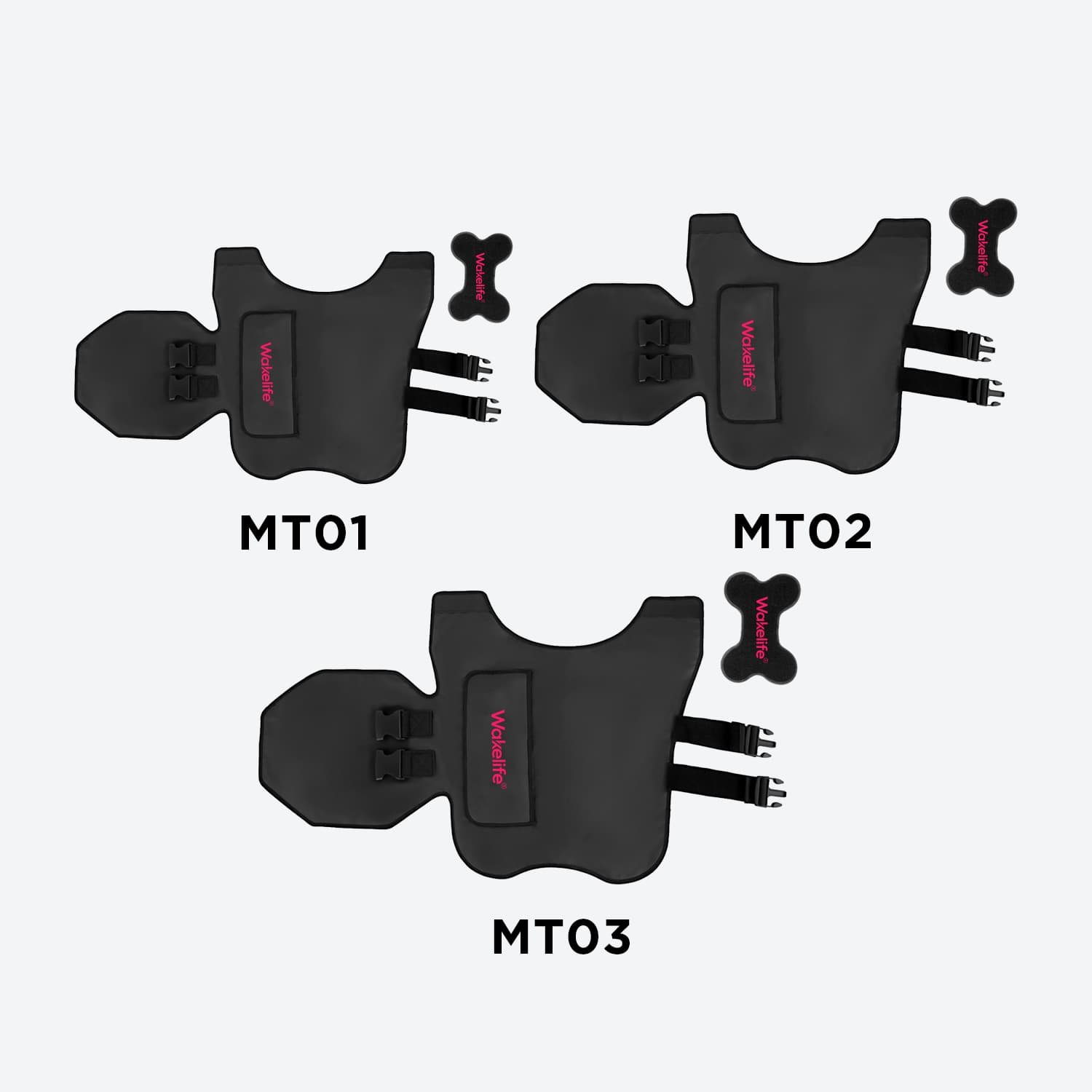 MT01 MT02 and MT03 pet light therapy vest size comparison front view