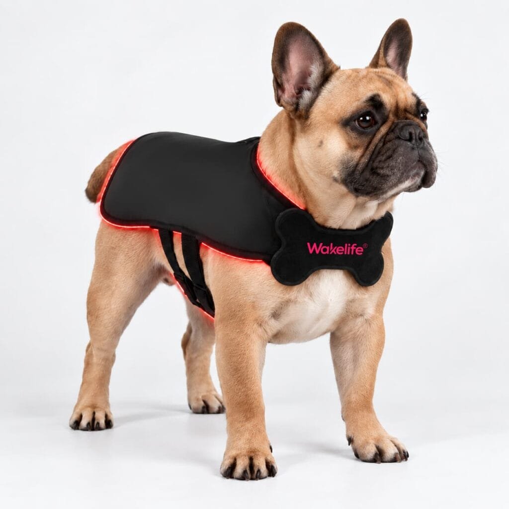 MT01 small pet light therapy vest worn by a dog with red light illumination