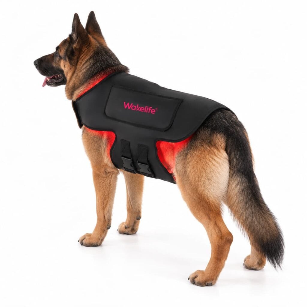 MT02 medium pet light therapy vest worn by a German Shepherd dog with red light illumination