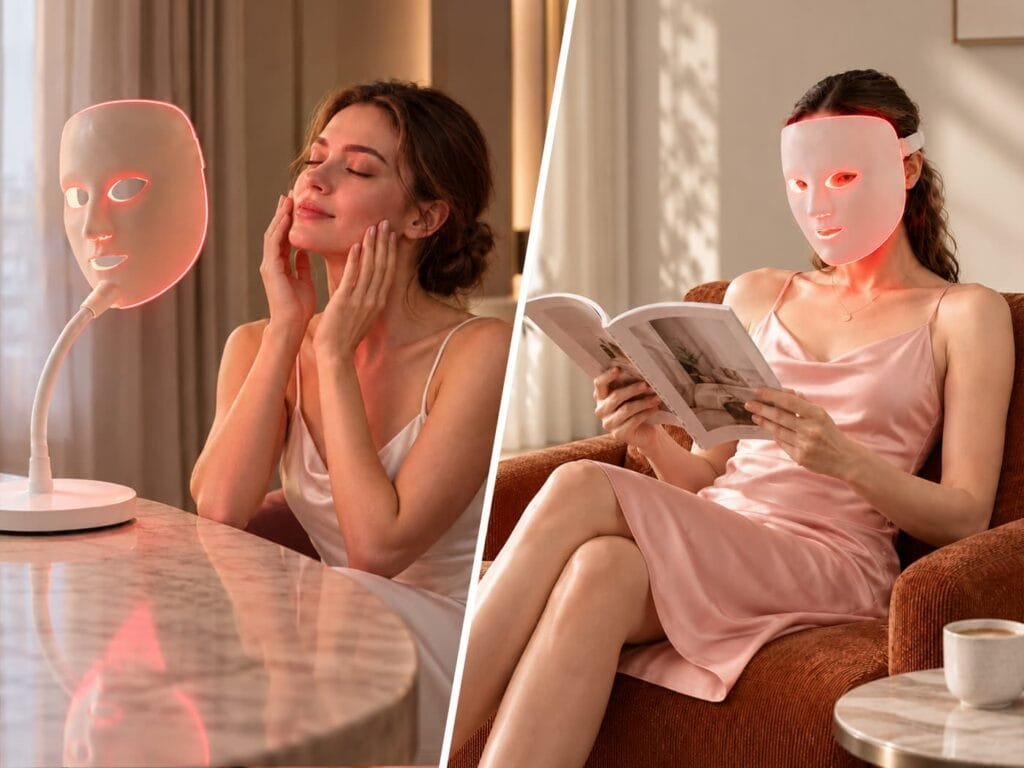 Comparison of two non-contact LED face mask formats showing wearable and hands-free LED light therapy experiences