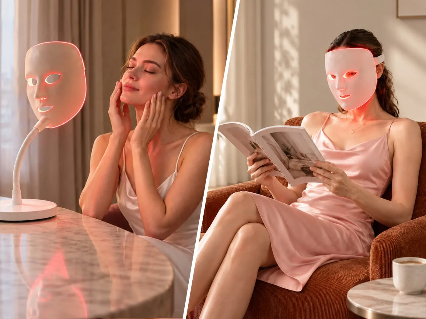 Vergleich zweier berührungsloser LED-Gesichtsmaskenformate, die tragbare und freihändige LED-Lichttherapie-Erlebnisse zeigen