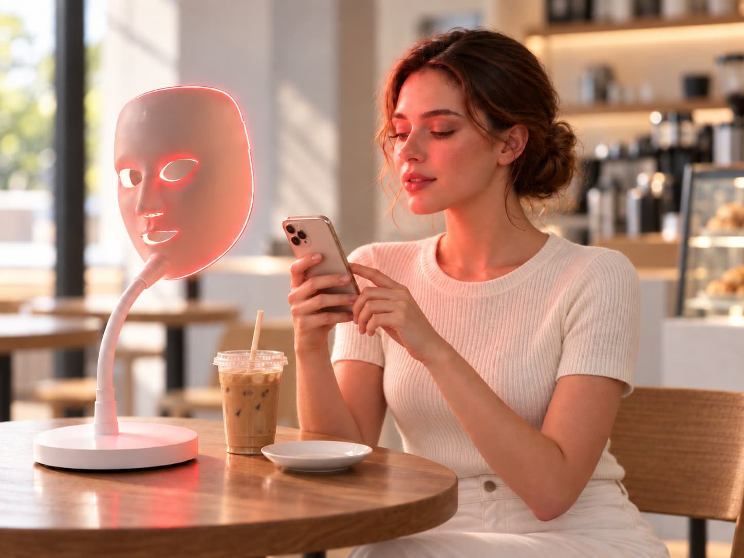 Woman using a stand-mounted non-contact LED face mask while checking her phone