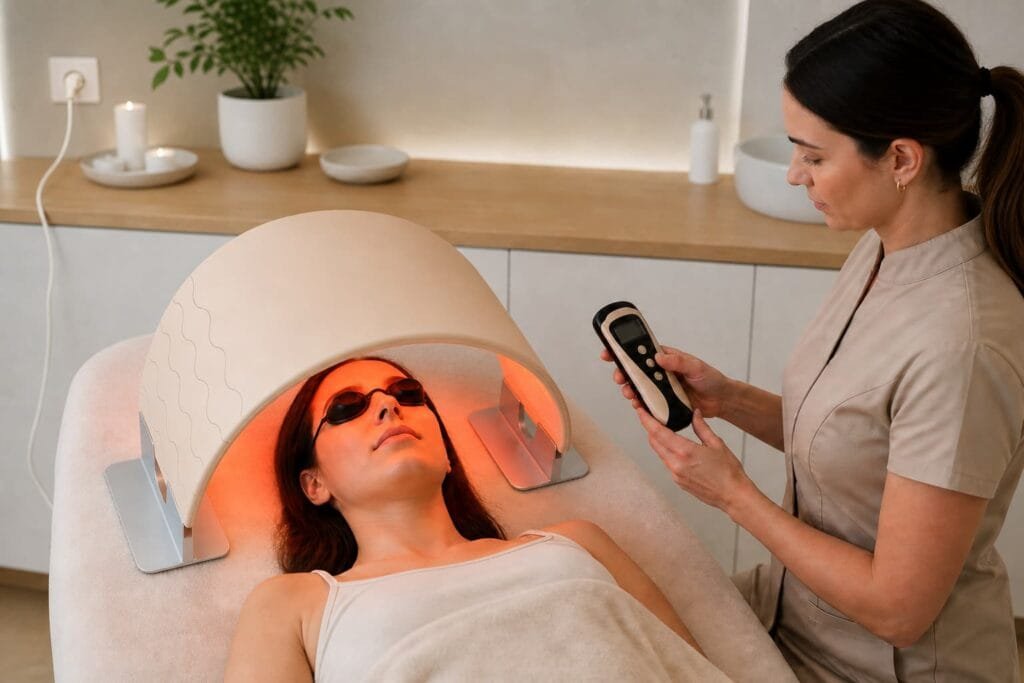 Salon professional using a wireless controller with a flexible arched LED light therapy device over a client wearing protective eyewear