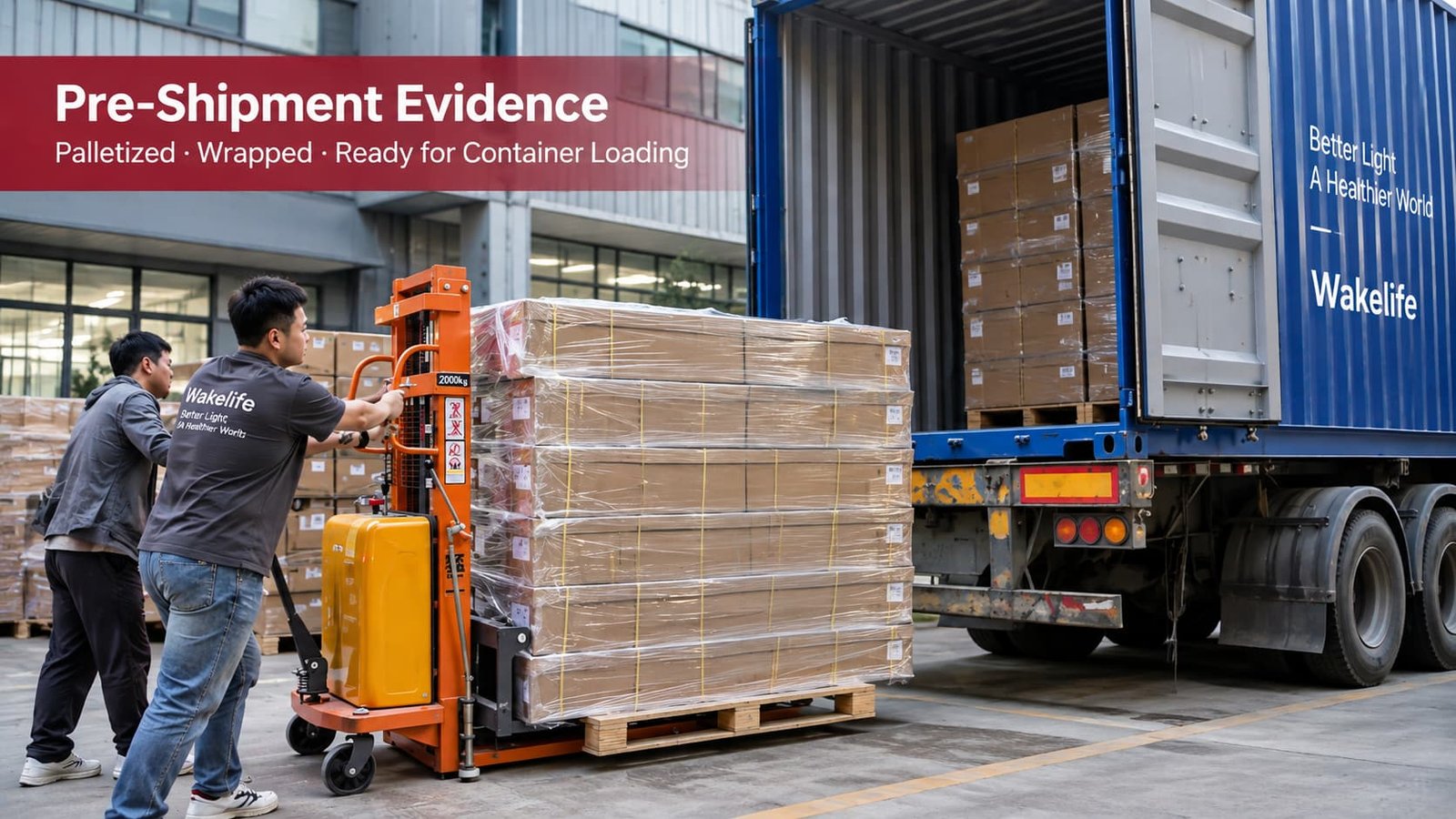 Workers loading a palletized red light panel shipment into a container with protective wrapping before international delivery