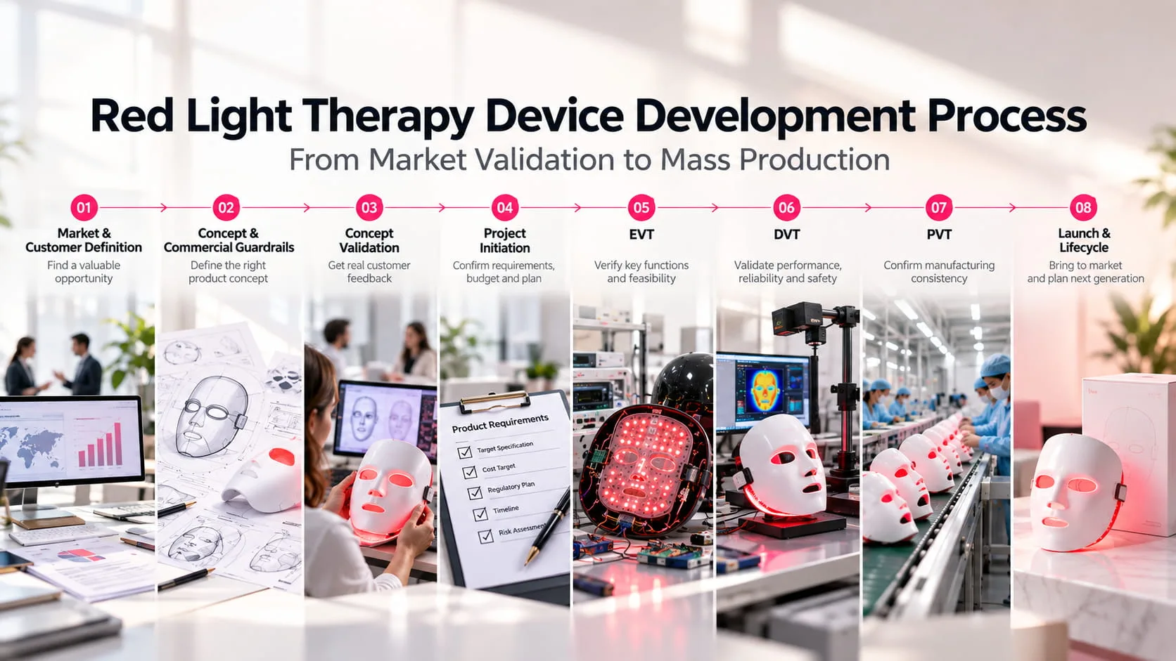 Red light therapy device development process from market validation through EVT, TVP, PVT and launch