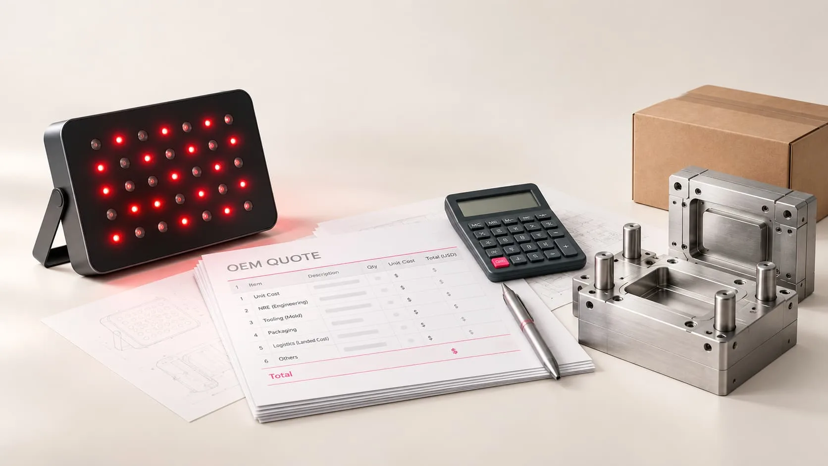Generic LED therapy device, blank quote sheets, calculator, tooling fixture and shipping box arranged for an OEM budget review