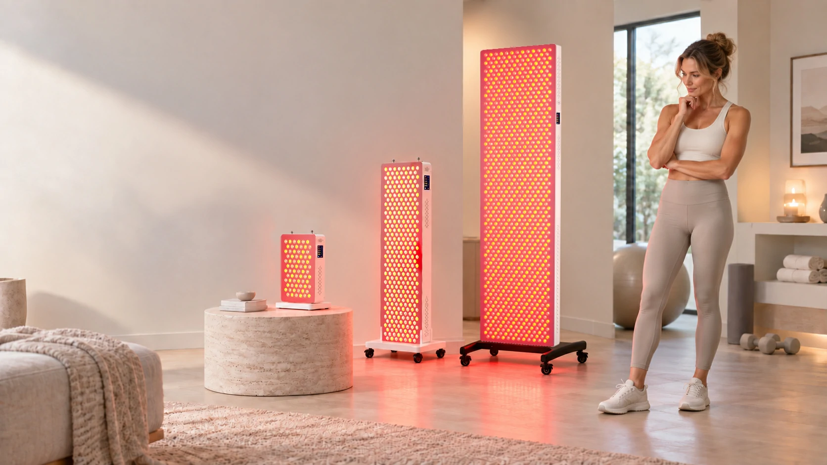 Compact, mid-size and full-height red light therapy panels compared in a modern home setting.
