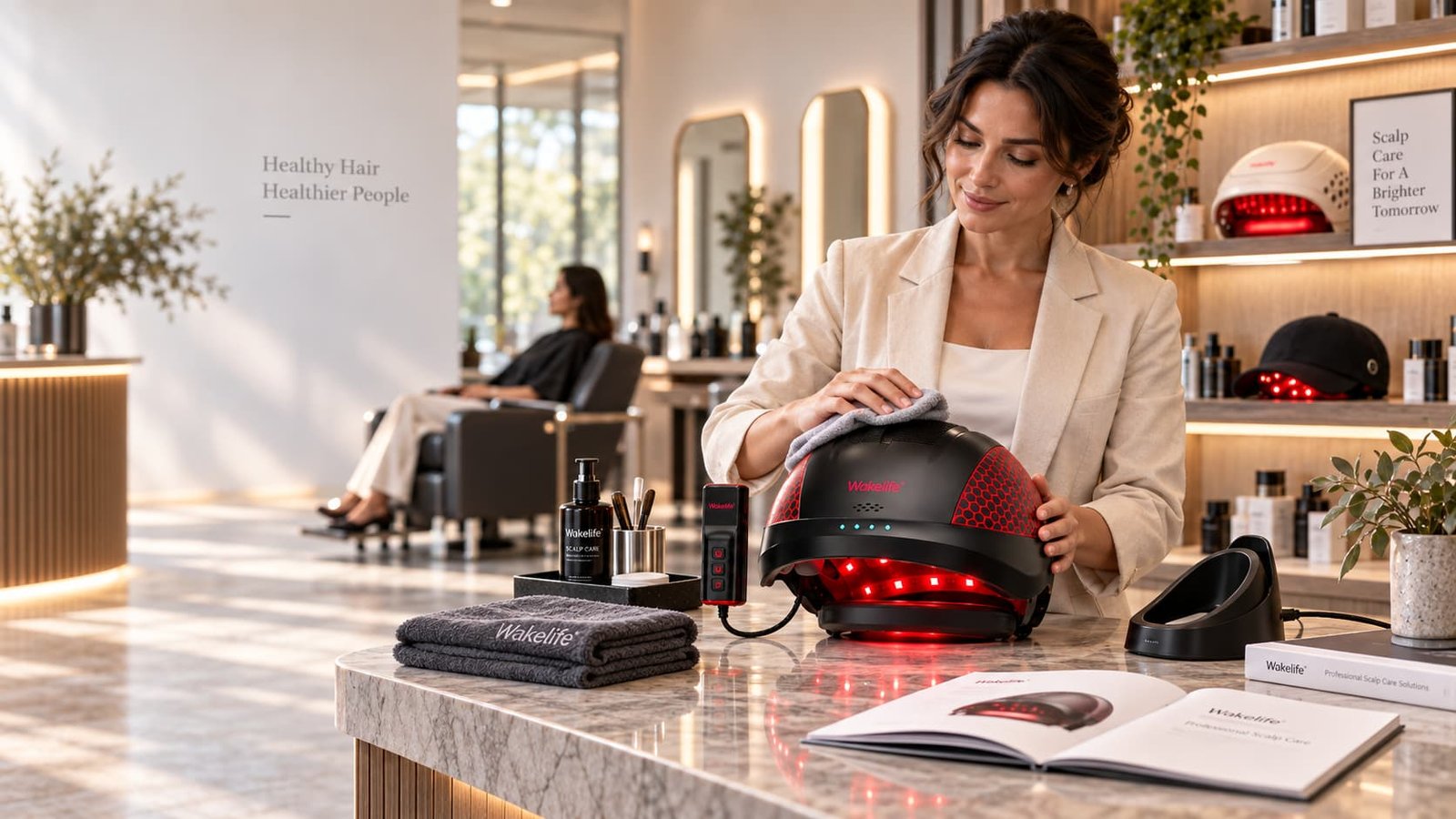 Salon professional preparing the Wakelife T01 hair growth helmet in a high-end scalp care salon