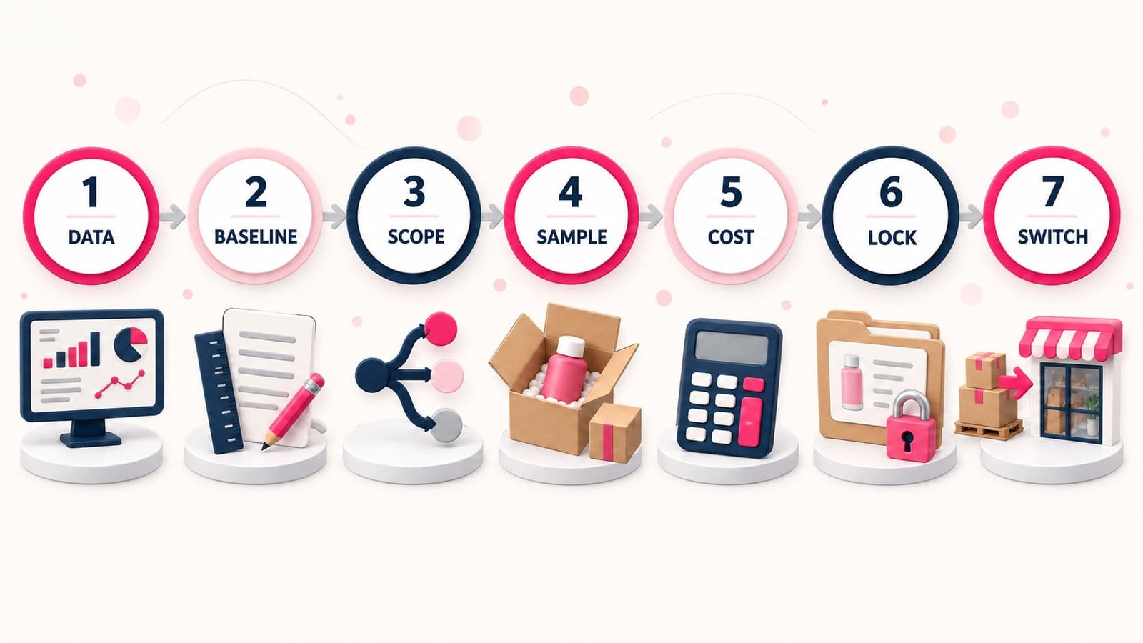 Seven-step roadmap from store data and current-product baseline through sample approval, cost review, specification lock and store switch