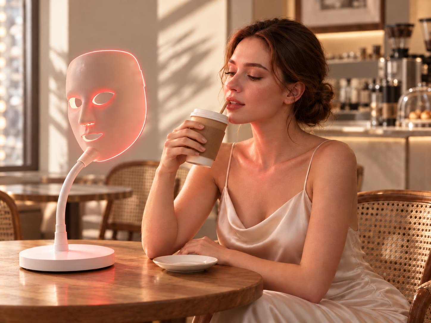 Woman beside a stand-mounted non-contact LED face mask in a lifestyle beauty setting