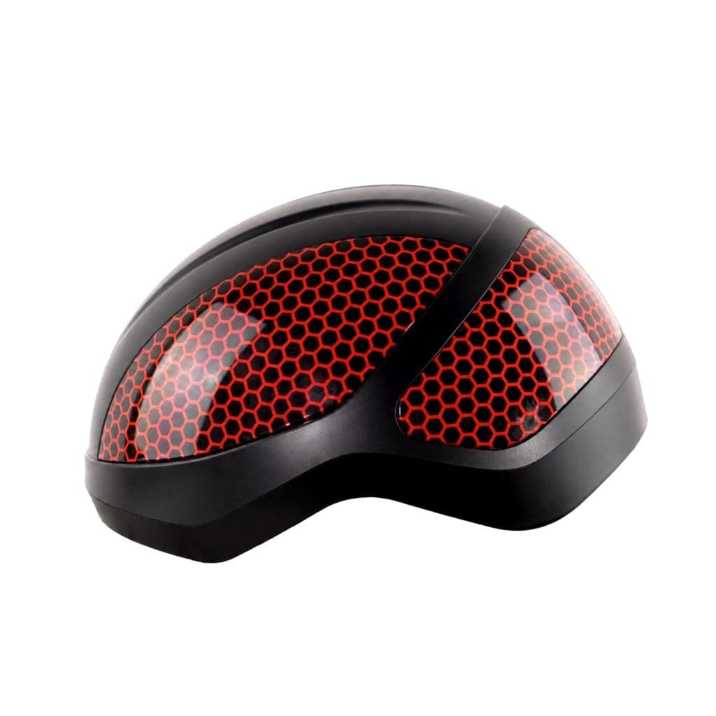 Wakelife T01 laser hair growth helmet side view with black shell and red honeycomb panels