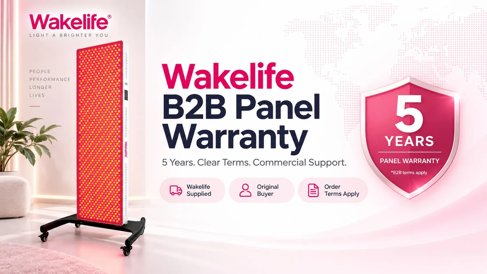 Wakelife five-year commercial red light therapy panel warranty and B2B support framework