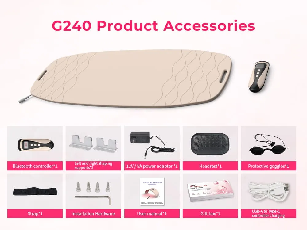 Wakelife G240 flexible red light therapy pad with Bluetooth controller, supports, power adapter, headrest, goggles and accessories