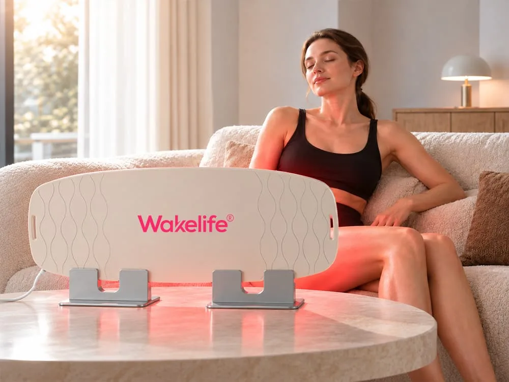 Woman using Wakelife G240 flexible red light therapy pad at home