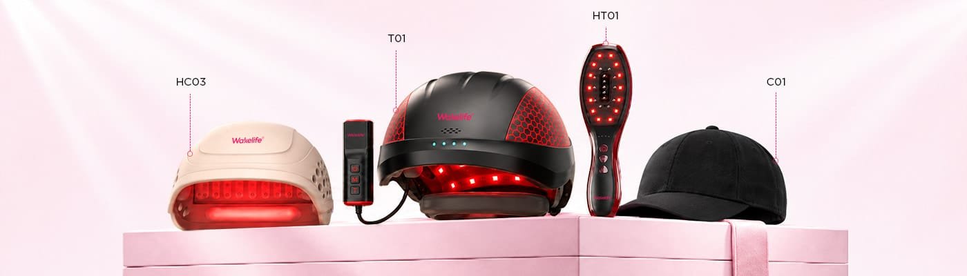 Wakelife HC03, T01, HT01 and C01 red light hair growth devices displayed together