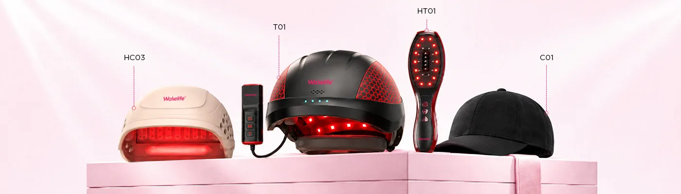 Wakelife HC03, T01, HT01 and C01 red light hair growth devices displayed together