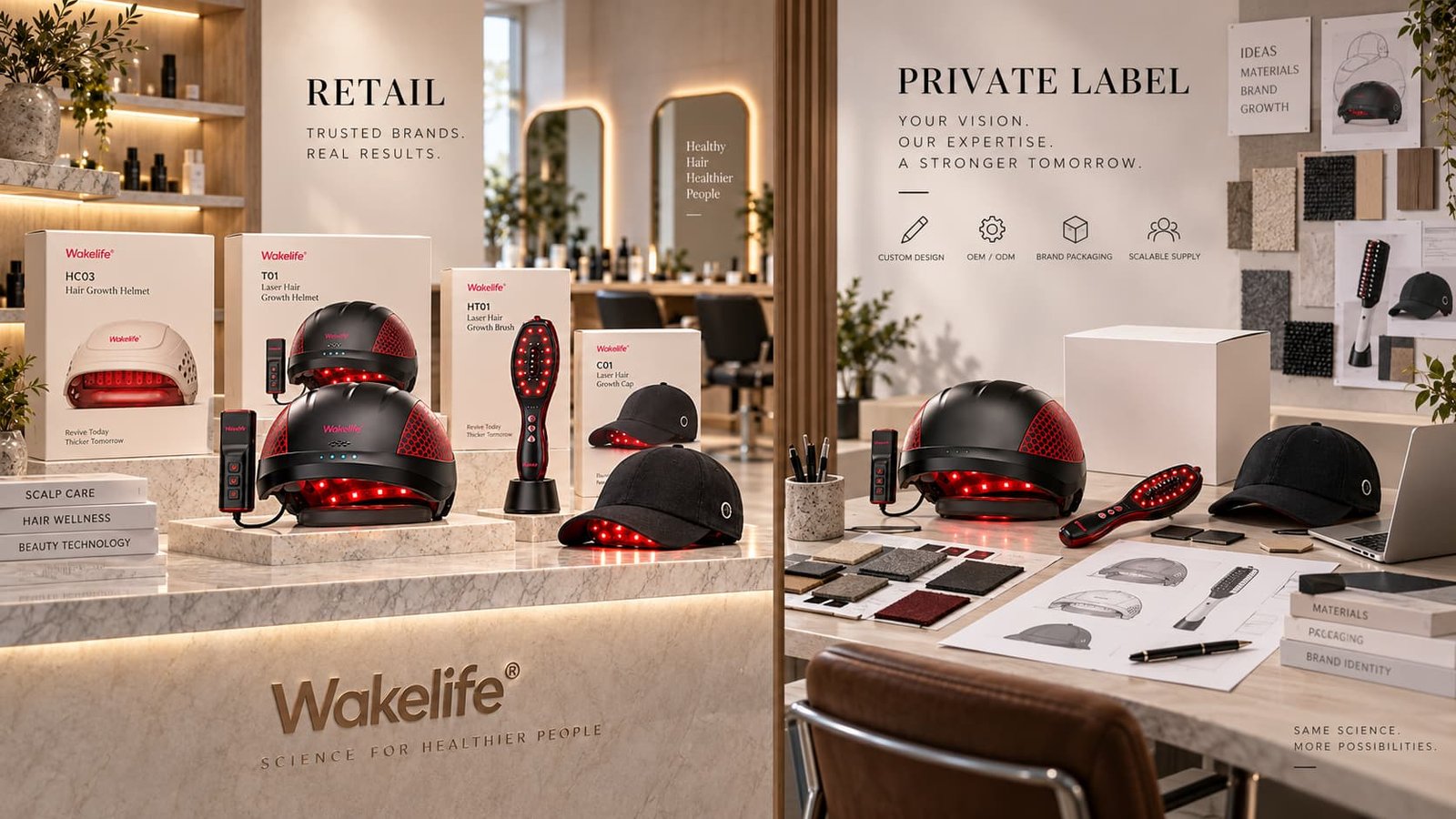 Wakelife hair growth devices shown in a salon retail display and private label product development workspace