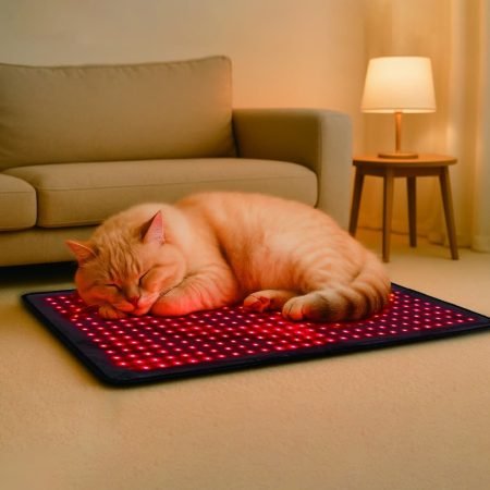 Cat resting on BE400 red light therapy mat at home