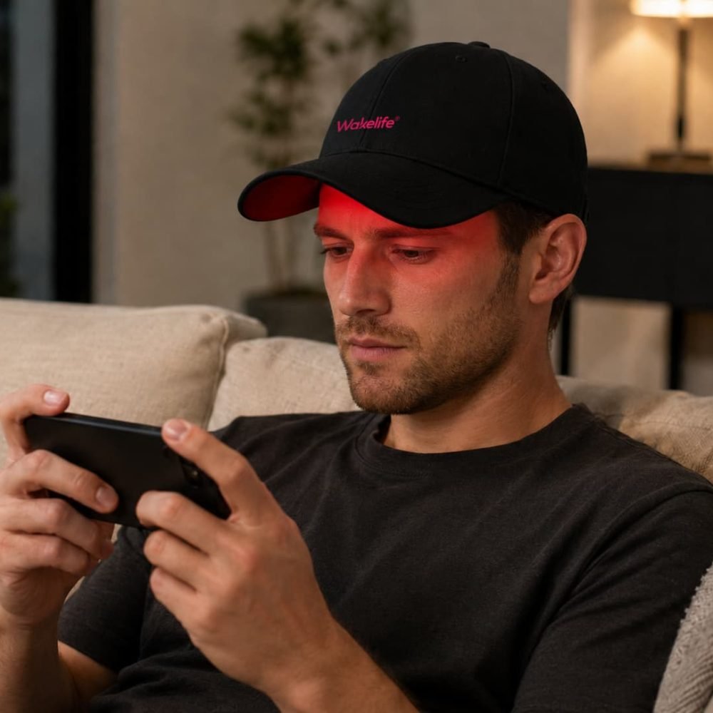 Man wearing Wakelife C01 LED hair growth cap during an at-home scalp care routine