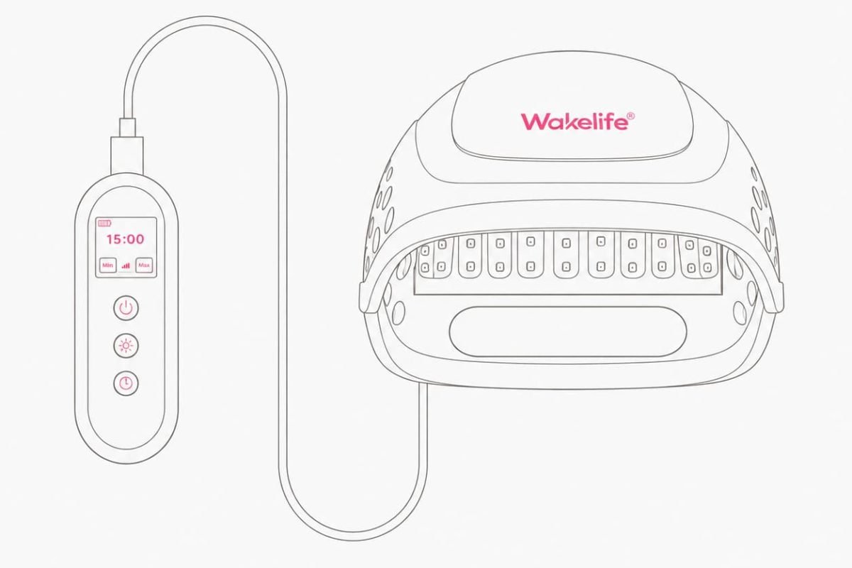 Line drawing of the Wakelife HC03 VCSEL hair growth cap with timer and brightness controller
