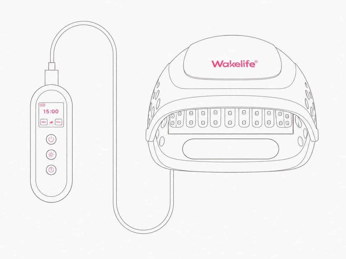 Line drawing of the Wakelife HC03 VCSEL hair growth cap with timer and brightness controller
