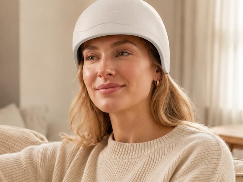 Woman wearing the Wakelife HC03 VCSEL hair growth cap at home
